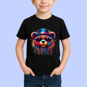 Tricou Urs cu palarie si ochelari fundal graffiti colorat Copii | Dama | Barbat, culoare negru - Img 4