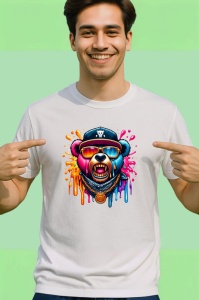 Tricou Urs cu sapca si lant stil hip hop fundal alb Copii | Dama | Barbat - Img 2