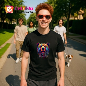 Tricou Urs salbatic curcubeu in fundal alb Copii | Dama | Barbat, culoare negru - Img 4