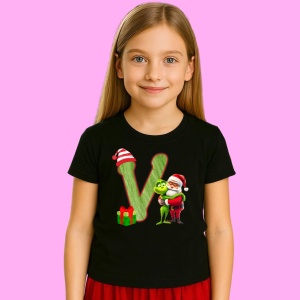 Tricou V Litere Craciun Cu Mos Si Spiridus Verde, din bumbac 100% Copii | Dama | Barbat - Img 2