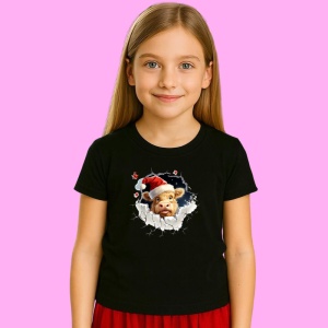 Tricou Vaca Highland Cu Caciula Mosului Craciun, din bumbac 100% Copii | Dama | Barbat - Img 2