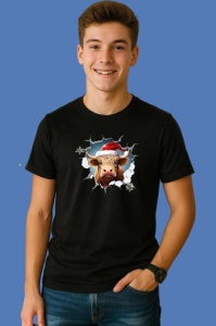 Tricou Vaca Highland Cu Fundal Albastru Si Privire Vesela Craciun, din bumbac 100% Copii | Dama | Barbat - Img 2