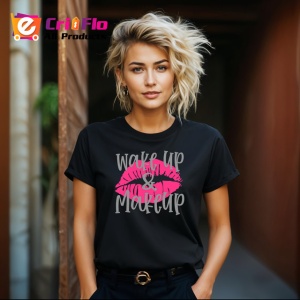 Tricou Wake Up And Makeup Buze Roz Ruj Negru, din bumbac 100%, tricou negru Dama | Barbat - Img 3