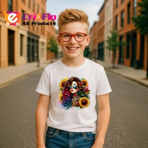 Tricou wavy hair girl cool glasses sunflower, fata cu par ondulat ochelari cool si floarea soarelui, Copii | Dama | Barbat - Img 7