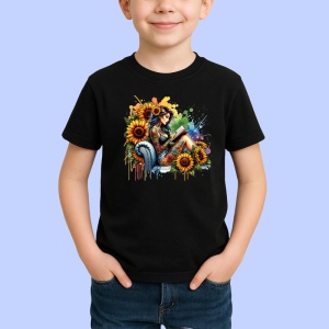 Tricou Woman sitting with sunflowers, femeie asezata cu floarea soarelui, Copii | Dama | Barbat , tricou negru - Img 2