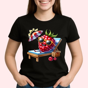 Tricou Zmeura amuzanta de vara la plaja, Fructe, Copii | Dama, culoare negru - Img 2