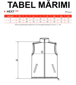 tabel marimi dimensiuni disponibile vesta calduroasa polar unisex