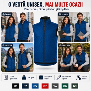 Vestă Unisex Bărbat Damă tip Jachetă fără Mâneci, Călduroasă cu Fleece și Fermoar – Body Warmer 509 - Img 7