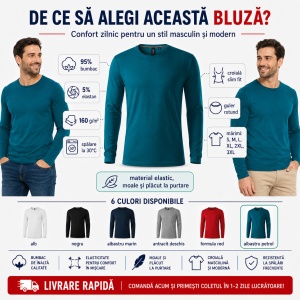 Bluză Bărbătească Brave 155 cu Mânecă Lungă, 95% Bumbac, 5% Elastan, Guler Rotund, S–3XL, 6 Culori - Img 2