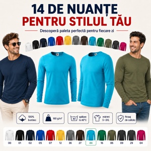 Bluză Bărbați Malfini 100% Bumbac, Mâneci Lungi, Slim Fit, 160 g/m², Guler Rotund, Mărimi S–3XL
