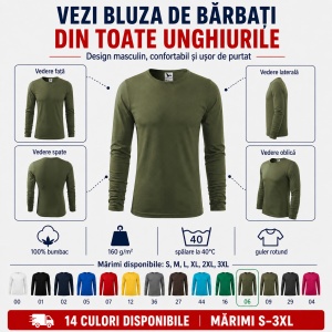 Bluză Bărbați Malfini FIT-T LS 119, 100% Bumbac, Mâneci Lungi, Slim Fit, 160 g/m², Guler Rotund - Img 5