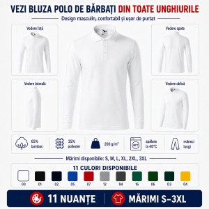 Bluză cu guler polo tip Tommy pentru bărbați, mânecă lungă, 65% bumbac - Img 5