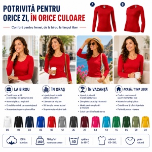 Bluză Damă cu Mânecă Lungă, 100% Bumbac, 169 Fit-T LS, slim fit cambrat – 14 Culori, XS–3XL - Img 4