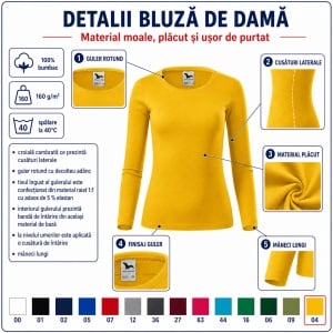Bluză Damă decoltată din bumbac 100, slim fit cu mânecă lungă - 14 nuanțe - Img 9