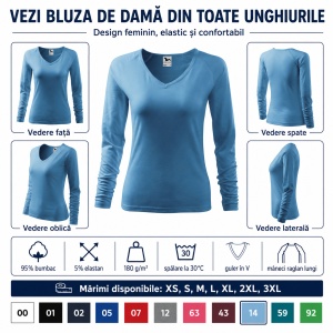 Bluză Damă Malfini Elegance 127 cu Mânecă Lungă și Guler V, 95% Bumbac – XS–3XL - Img 5