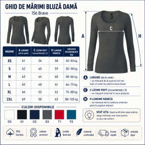 Bluză Damă Malfini Premium Brave 156 – Mânecă Lungă, Slim Fit, 95% Bumbac, 5% Elastan, 160 g/m² - Img 3