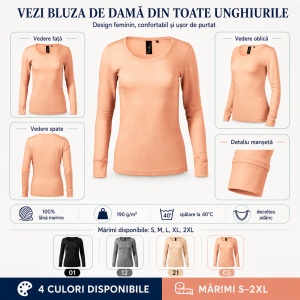 Bluză Damă Malfini Premium Merino Rise LS 160 – 100% Lână Merino, Mânecă Lungă, Slim Fit - Img 8