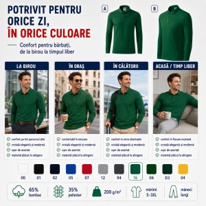 Bluză polo bărbați Malfini Pique Polo LS 221, mânecă lungă, 65% bumbac, 200 g/m² - Img 6