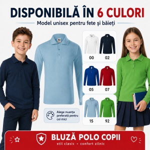 Bluză Polo Copii Malfini cu Mânecă Lungă, 65% Bumbac, Unisex Fete și Băieți, 6–12 Ani, 6 Culori - Img 10