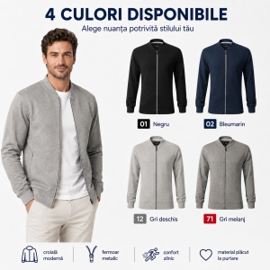 Bluză tip hanorac cu fermoar pentru bărbați, guler bomber, buzunare cu fermoar, 4 culori disponibile