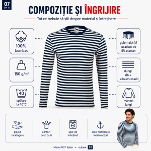 Bluză unisex damă și bărbat Malfini 807 Sailor, tip marinăresc, mânecă lungă, 100% bumbac, 150 g/m² - Img 3