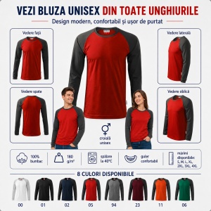 Bluză Unisex Damă și Bărbat Rimeck 130 Street LS, Bicoloră, Mâneci Lungi Raglan, 100% Bumbac, 180 g/m², S–4XL - Img 7