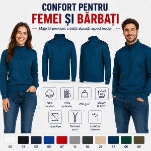 Bluză Unisex Damă și Bărbat tip Hanorac fără Glugă, cu Fermoar Scurt și Guler Înalt – Summit 429 - Img 7