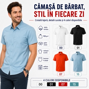 Cămașă bărbați cu mânecă scurtă Malfini 207 Shirt Short Sleeve, 100% bumbac, croială regular fit și buzunar la piept