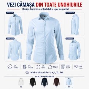 Cămașă Damă Malfini 263 Dynamic, Mânecă Lungă, Croială Cambrată, 68% Bumbac, 29% Poliamidă, 3% Elastan - Img 3