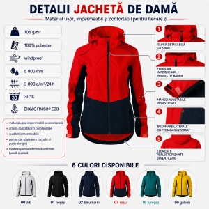 Geacă Damă tip Jachetă Impermeabilă cu Glugă Detașabilă, Ușoară și Windproof – Rainbow 539 - Img 3