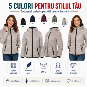 Geacă Damă tip Jachetă Matlasată cu Glugă, Ușoară și Călduroasă – Everest 551 - Img 8