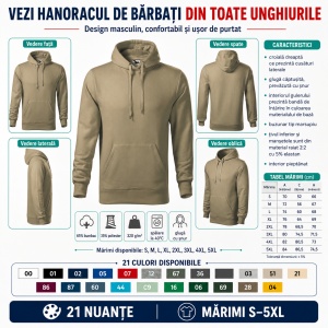 Hanorac Bărbat Malfini Cape 413, 65% Bumbac, 320 g/m², Glugă cu Șnur, Buzunar Marsupiu, 21 Nuanțe, Mărimi S–5XL - Img 3
