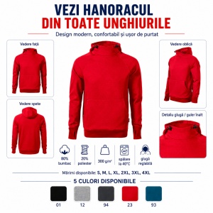Hanorac Bărbați Vertex Hoodie W43, Glugă Reglabilă, 300 g/m², 5 Culori, S–4XL - Img 8