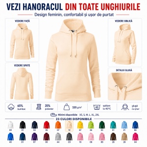 Hanorac Damă cu Glugă și Buzunar Tip Marsupiu Malfini 414 Cape – 320 g/m² - Img 7