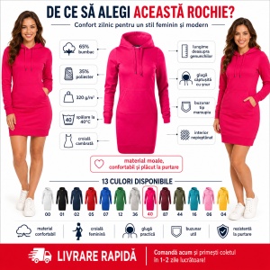 Hanorac Lung Tip Rochie Damă cu Glugă și Buzunar Marsupiu Malfini 419 Snap – 320 g/m² - Img 2