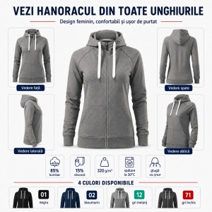 Hanorac Premium Damă cu Glugă și Fermoar Malfini 451 Voyage – 320 g/m² - Img 2