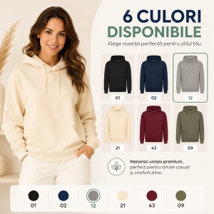 Hanorac unisex cu glugă pentru damă și bărbat, bumbac organic, 280 g/m² - Img 10