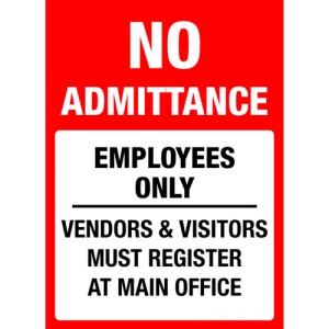 Indicator Sign no admittance employees only vendors visitors must register at main office, Sticker autocolant