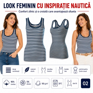 Maieu Top Damă Marinăresc cu Dungi Alb, tricou fără mâneci -Albastru Marin – Malfini 806 Sailor, 95% Bumbac, Slim Fit - Img 8