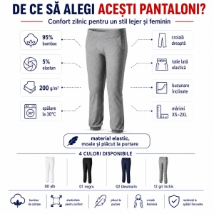 Pantaloni Damă Malfini Leisure 603, 95% Bumbac, 5% Elastan, Talie Elastică, Buzunare Înclinate, Croială Dreaptă, XS–2XL, 4 Culori - Img 2