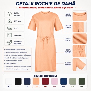 Rochie Lejeră Damă Malfini 816 Muse Tip Tricou, 100% Bumbac, 200 g/m², Mâneci Kimono, XS–2XL - Img 3