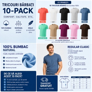 Set 10 Tricouri Bărbați 100% Bumbac – Multicolor, Coral, Alb, Negru, Gri Ice, Denim, Verde Mentă, Nisip, Rododendron, Roz și Cafea | S-3XL - Img 4