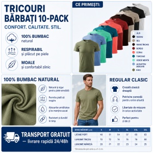 Set 10 Tricouri Bărbați 100% Bumbac Extra Calitate – Khaki, Albastru Deschis, Verde Mentă, Albastru Petrol, Coral, Roșu, Negru, Gri Ardezie, Gri Ice și Alb - Img 4