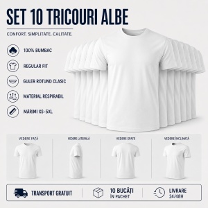Set 10 Tricouri Bărbați Albe 100% Bumbac – Simple, Clasice, XS-5XL | Transport Gratuit - Img 3