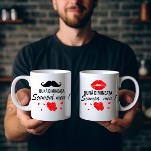 Set 2 cani albe personalizate pentru cupluri Buna dimineata Scumpul Scumpa mea ! - Img 2