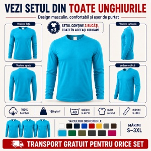 Set 3 Bluze Bărbați 100% Bumbac, Mâneci Lungi, Slim Fit, 160 g/m², Aceeași Culoare, 14 Culori Disponibile, Mărimi S–3XL - Img 8