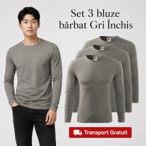 Set 3 Bluze Bărbați 100% Bumbac, Mâneci Lungi, Slim Fit, 160 g/m², Aceeași Culoare, 14 Culori Disponibile, Mărimi S–3XL - Img 18