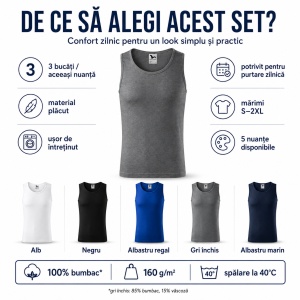 Set 3 Maiouri Bărbat 100% Bumbac, Maieu Sport și Casual, Tricou Fără Mâneci, Lejer și Respirabil, S–2XL, 5 Culori - Img 3