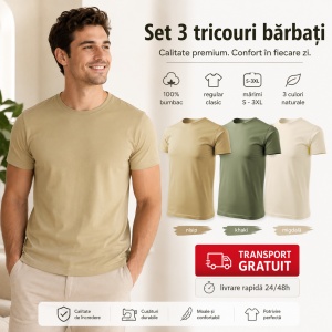 Set 3 Tricouri Bărbați 100% Bumbac – Culori Naturale, Nisip, Khaki, Migdală - Img 4