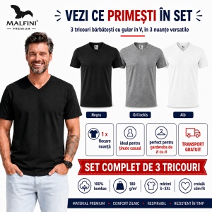 Set 3 Tricouri Bărbați 100% Bumbac cu Guler V-Neck – Alb, Negru și Gri | Model 102 | Transport Gratuit - Img 5